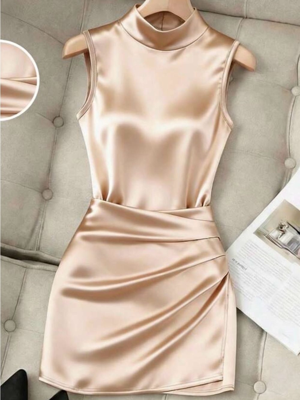 Sleeveless Satin Mock-Neck Mini Dress in Champagne